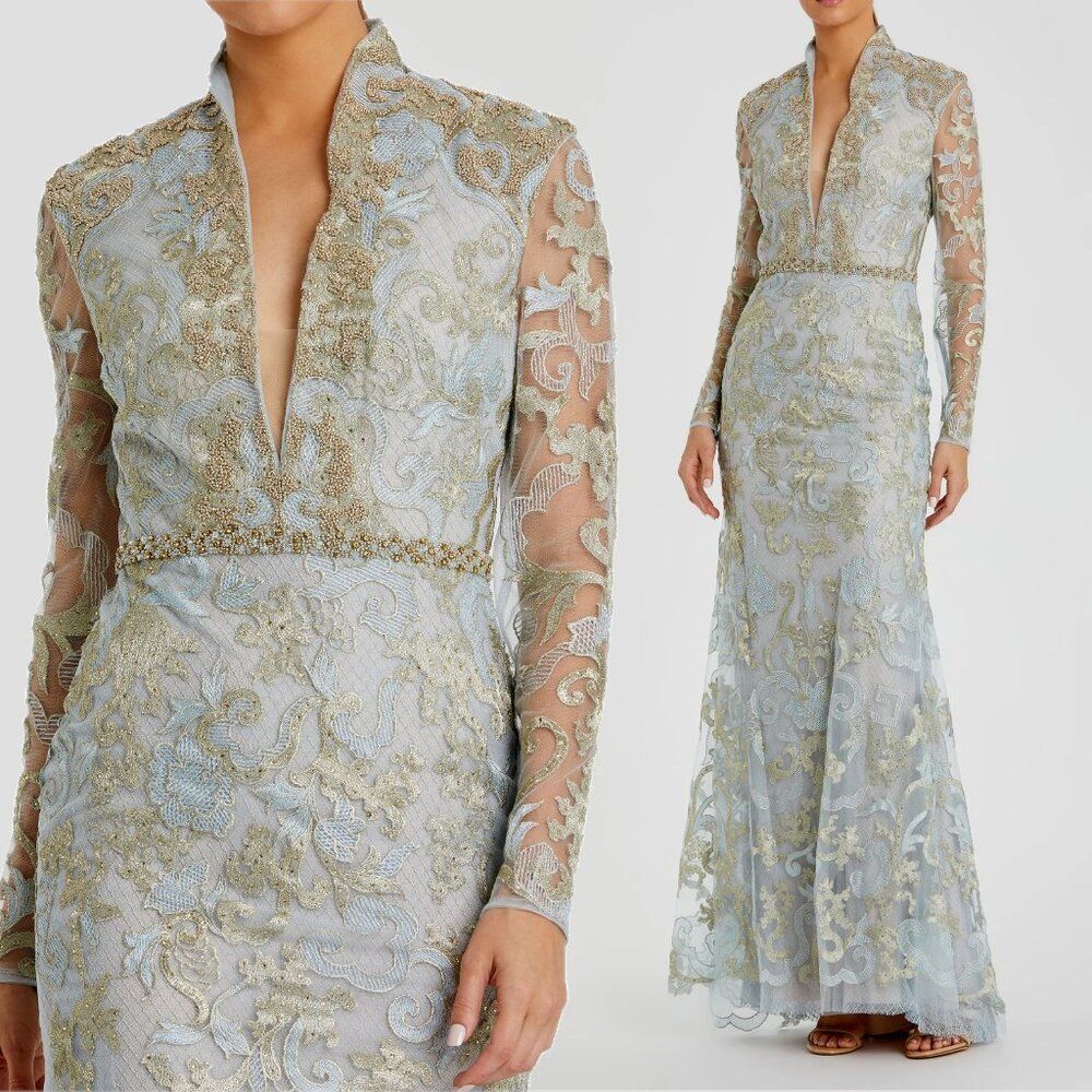 Mac Duggal 11165 Size 2‎ Light Blue Gold Long Sleeve Applique V-Neck Gown Dress
